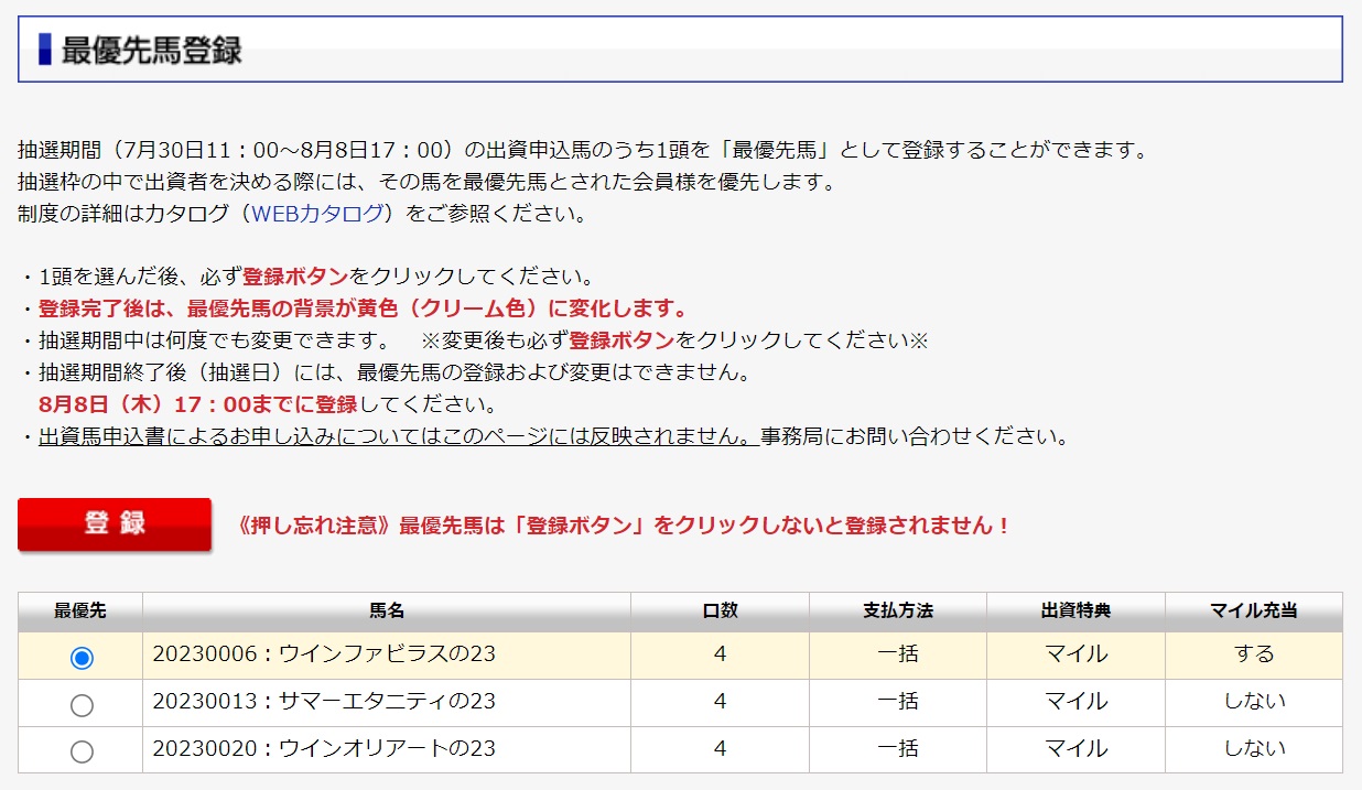 ウインRC　最優先馬登録